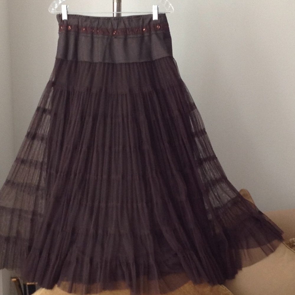 🍂🔥🍂 Renaur - Chocolate Tiered Tulle Midi Skirt